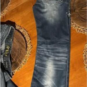 Affliction Blue Straight Leg Jeans with Distressed Details